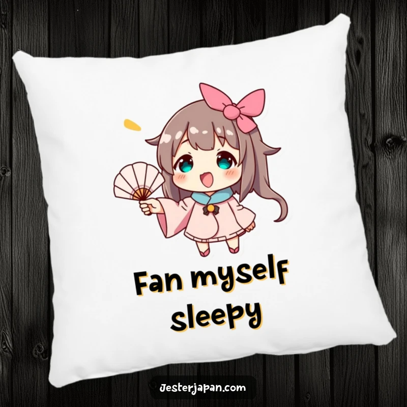Funny pillow with a character cheerfully fanning with a tiny hand fan, offering a comfortable and humorous accent for any relaxation spot.