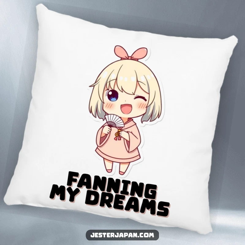 Funny pillow featuring a character enthusiastically waving a small paper fan, offering humorous comfort and a sense of breezy delight.