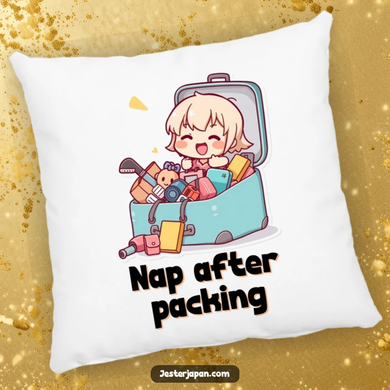 Funny pillow featuring a Kawaii character with items exploding from a suitcase, adding humor to home decor.