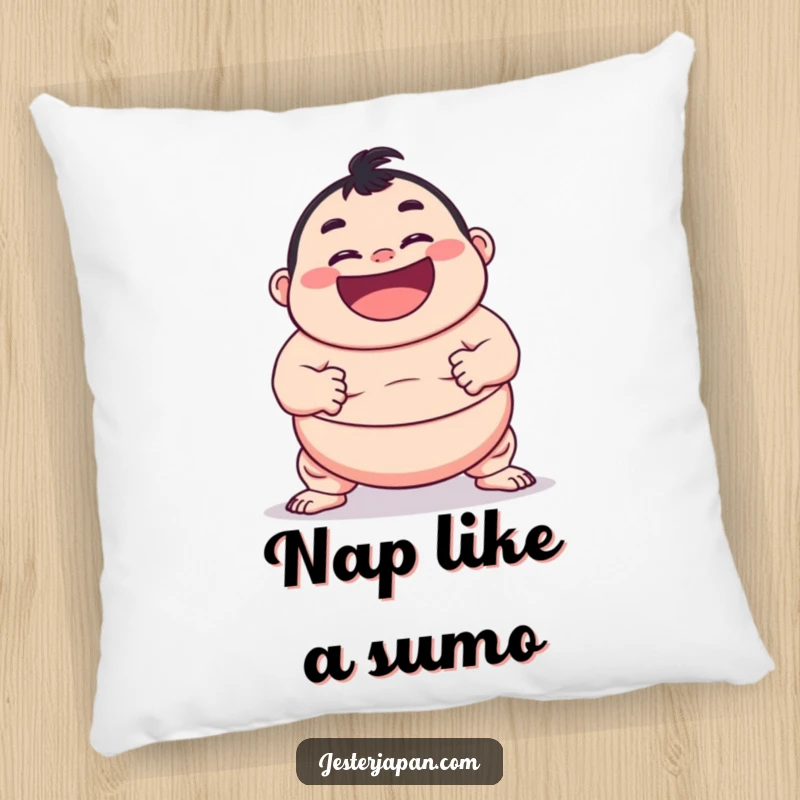 Funny pillow featuring a character with a wide, happy grin attempting a sumo pose, providing comfort and comedy.