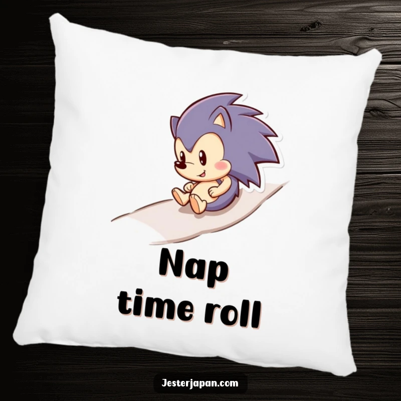 A happy hedgehog rolling downhill is featured on a soft, comfortable pillow, bringing cozy, humorous vibes.