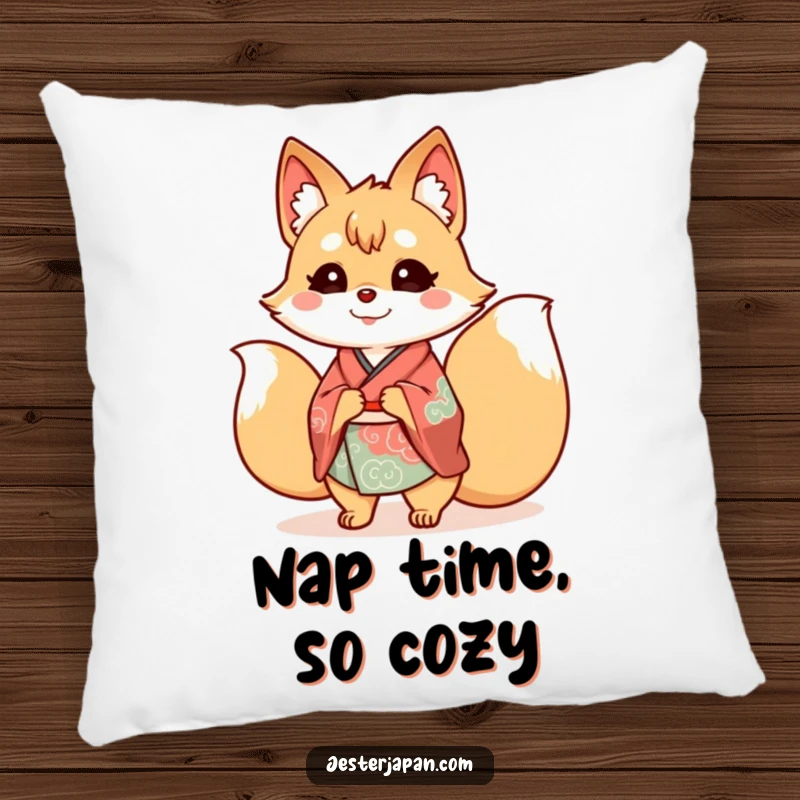 Funny Kitsune Kimono Pillow featuring a smiling, cheerful nine-tailed fox dressed in a beautiful kimono, its many tails providing plush comfort.
