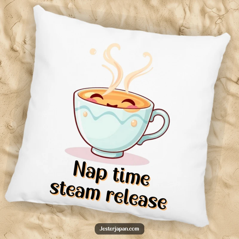Funny pillow featuring a soft, adorable tea cup character exhaling pretend steam with a joyful sigh, perfect for lounges.
