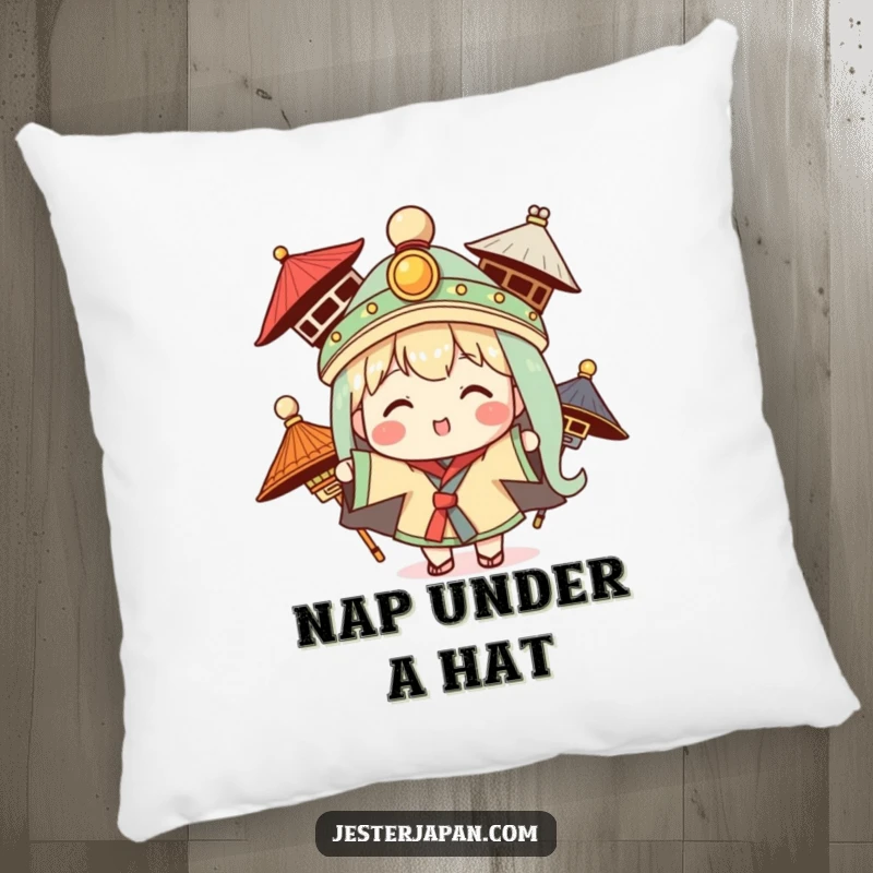 Funny pillow featuring a Kawaii character trying on various traditional hats, adding stylish comfort.