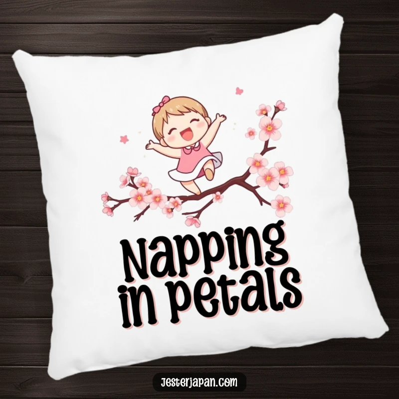 Funny pillow with a cute character joyfully leaping over a stylized cherry blossom branch. Offers cozy comfort and a cheerful spring aesthetic.