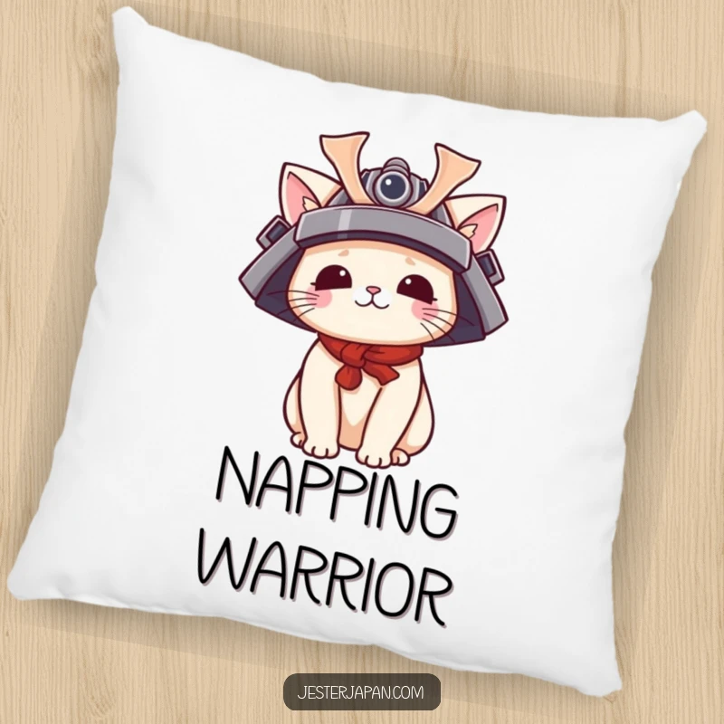 Funny Kawaii cat samurai pillow featuring a soft, cute character wearing a miniature samurai helmet, offering cozy comfort and playful style.