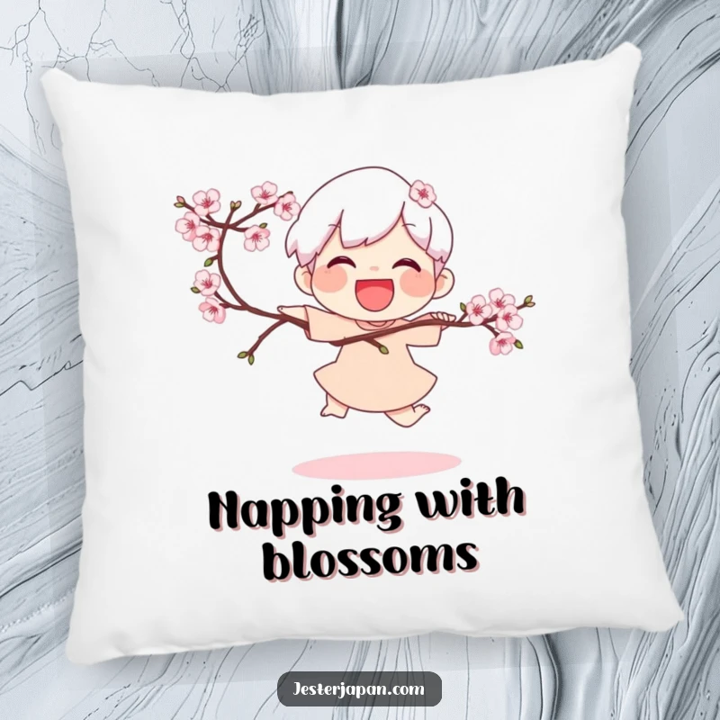 Funny Pillow: Joyful character doing a playful hop while holding a blooming cherry branch, offering cozy spring comfort.