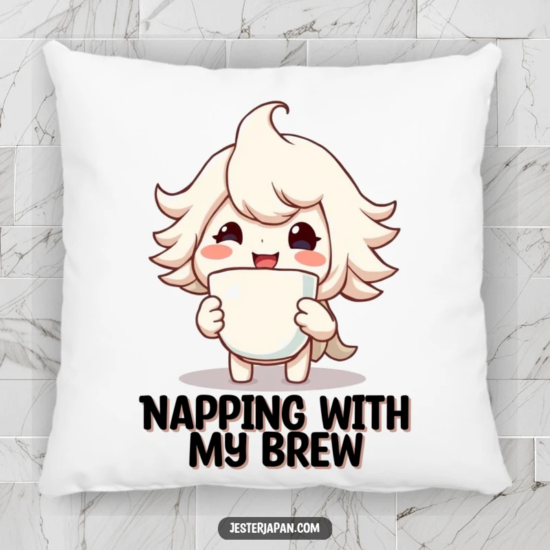 Funny pillow featuring a character with a huge smile holding a steaming cup, offering cozy and cheerful comfort.