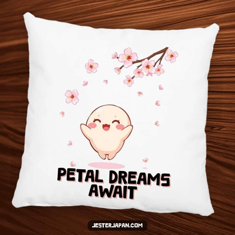Funny Kawaii pillow featuring a small, round character joyfully catching falling cherry blossoms, offering soft comfort and a serene, humorous touch.