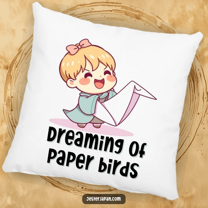 Funny Kawaii pillow showing a character cheerfully tackling an enormous origami crane, a cozy reminder of ambitious, humorous creative pursuits.
