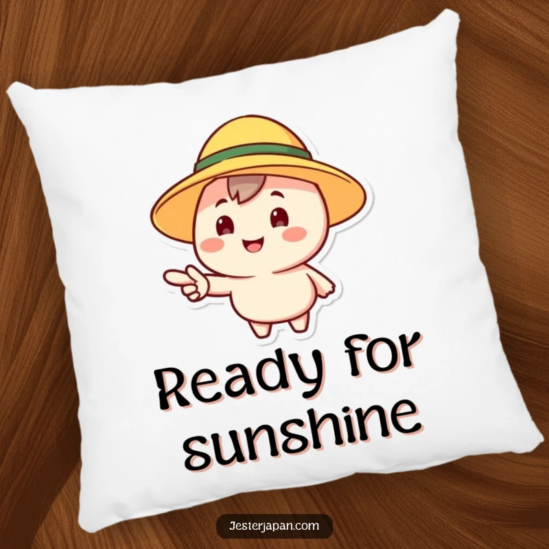 Funny pillow featuring a cheerful character wearing a sun hat, pointing forward, adding a touch of playful comfort.