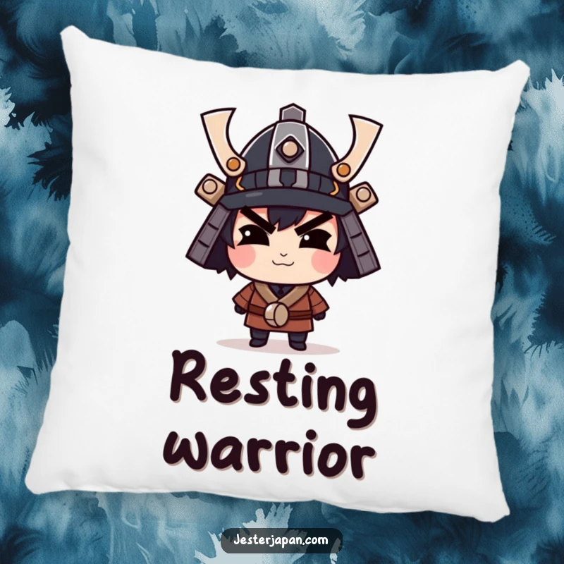 Funny decorative pillow featuring a character with a confident smirk wearing a miniature samurai helmet, offering comfort and humor.