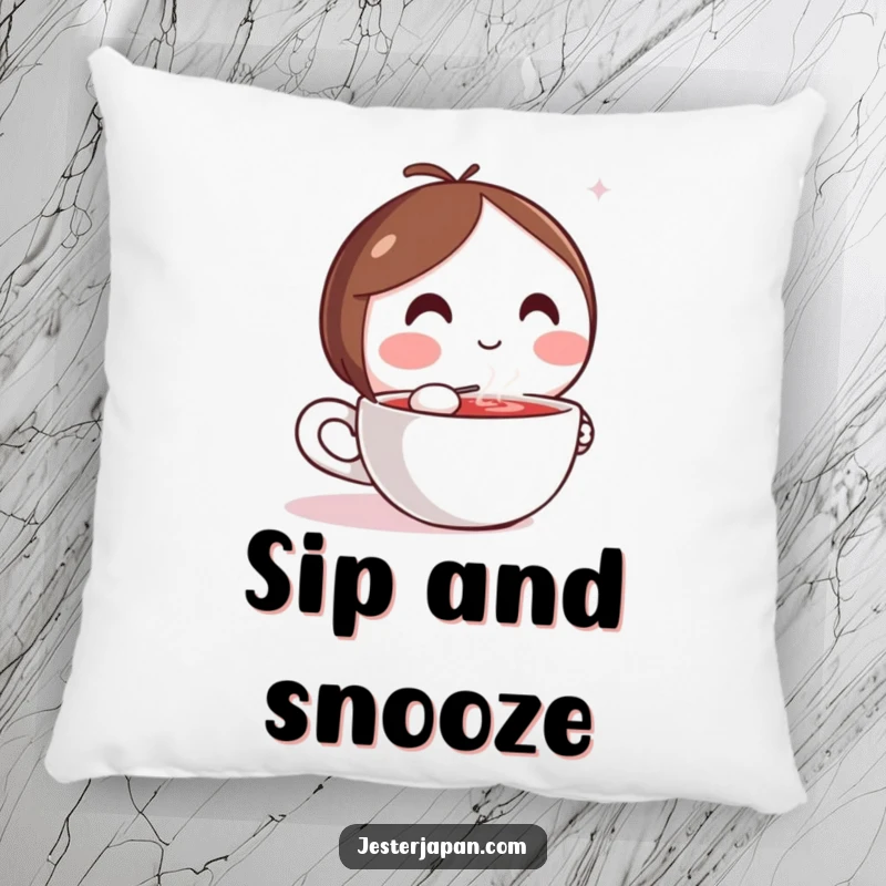 Funny pillow featuring a round Kawaii character enjoying a hot drink, perfect for adding comfort and humor.