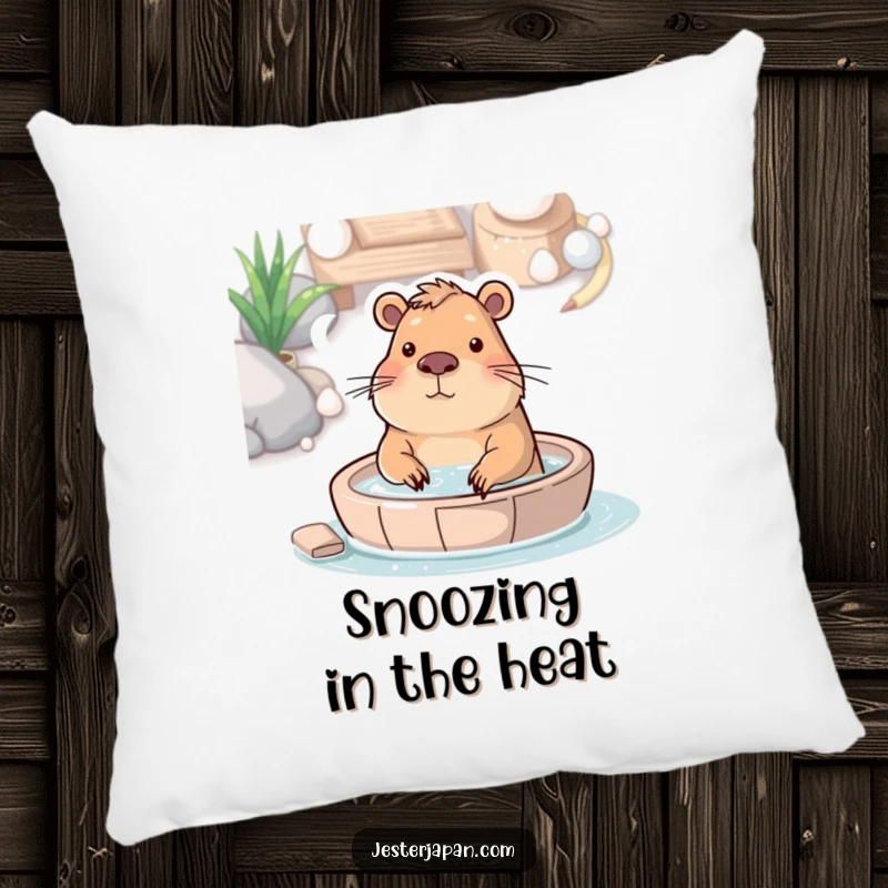 Funny pillow featuring a capybara soaking in a hot spring, offering plush comfort and a humorous, serene atmosphere.