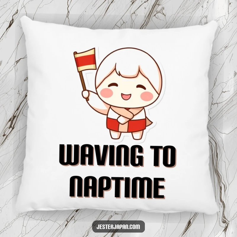 Funny pillow featuring a smiling Kokeshi doll character waving a flag, offering comfort and a cheerful, celebratory accent for any room.