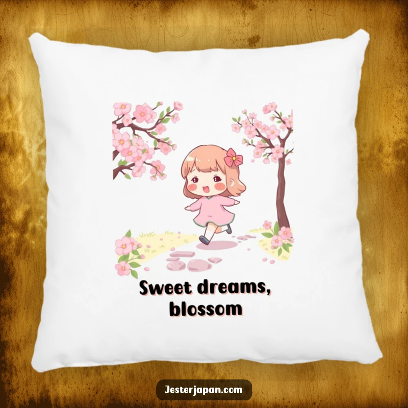 Funny pillow featuring a character with rosy cheeks skipping along a cherry blossom path, offering comfort with spring charm.