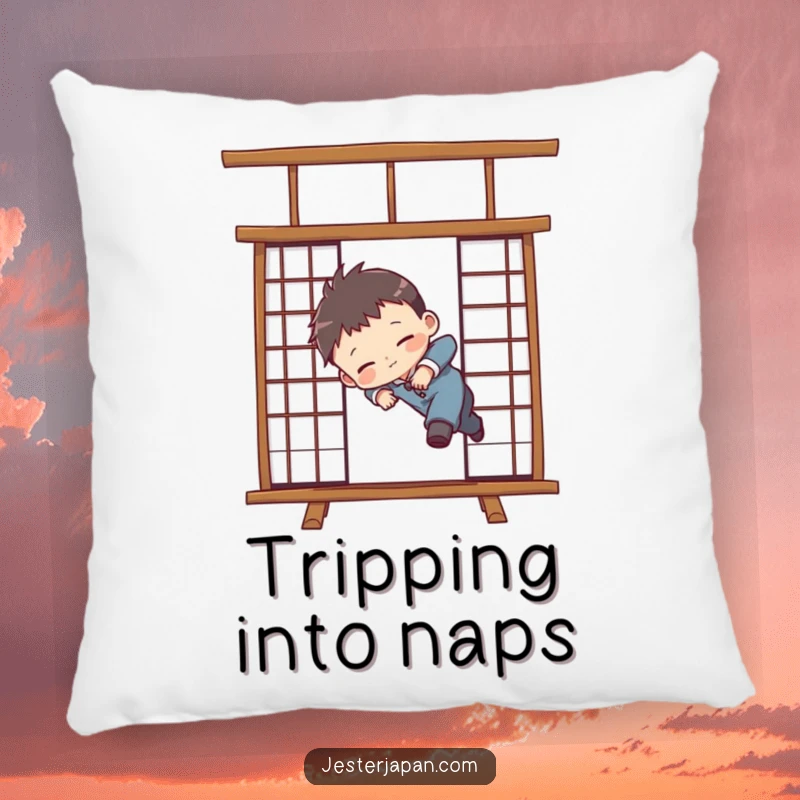 Funny pillow featuring a cute chibi character comically tripping over a Shoji screen, offering humorous comfort and charm.