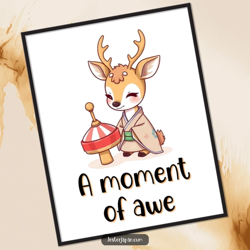 Funny Deer Kimono Digital Art Print: A shy deer in a kimono curiously watches a spinning top, a charming and humorous digital artwork.