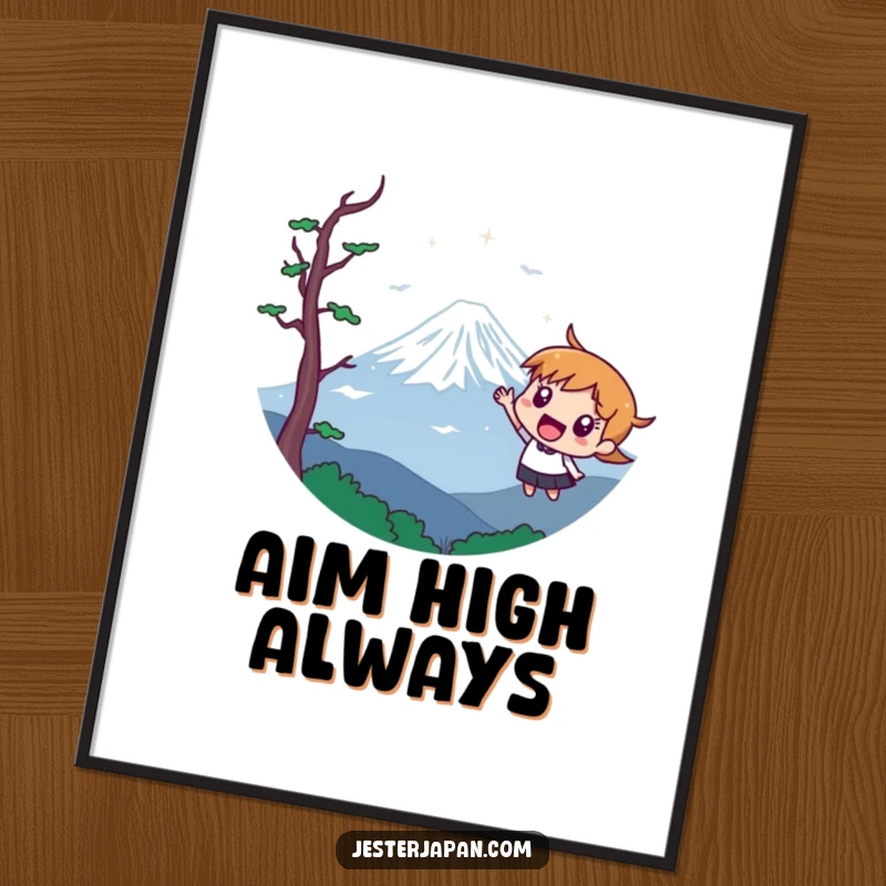 Funny digital art print of a character excitedly pointing towards a stylized Mount Fuji, perfect wall art.