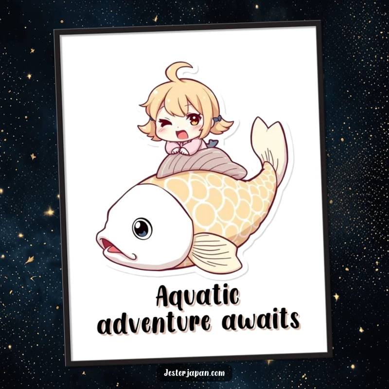 Funny digital art print of a character winking mischievously while riding a giant koi fish, ready for printing.