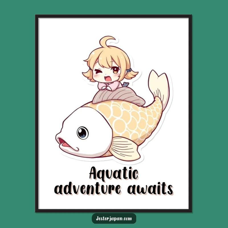Funny Koi Fish Rider Digital Art: Whimsical Winking Character, Instant Download Gift