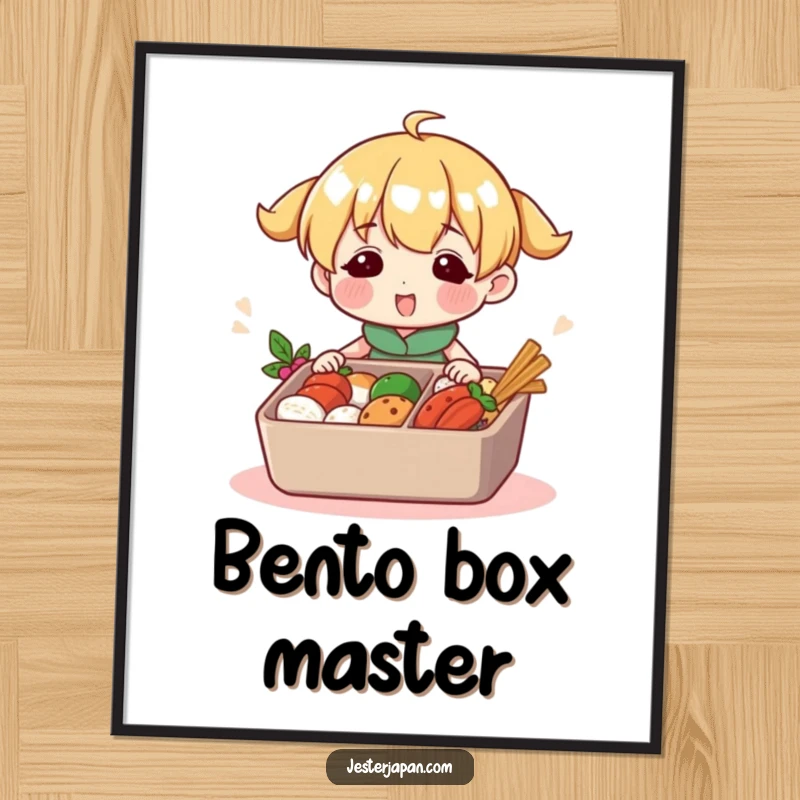 Funny digital art print of a character happily packing a colorful bento box. Brings instant culinary joy and a humorous decor element.