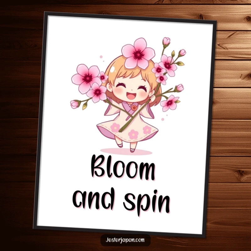 Funny Character Digital Art Print: A joyful character spinning with cherry blossoms, bringing instant spring cheer.