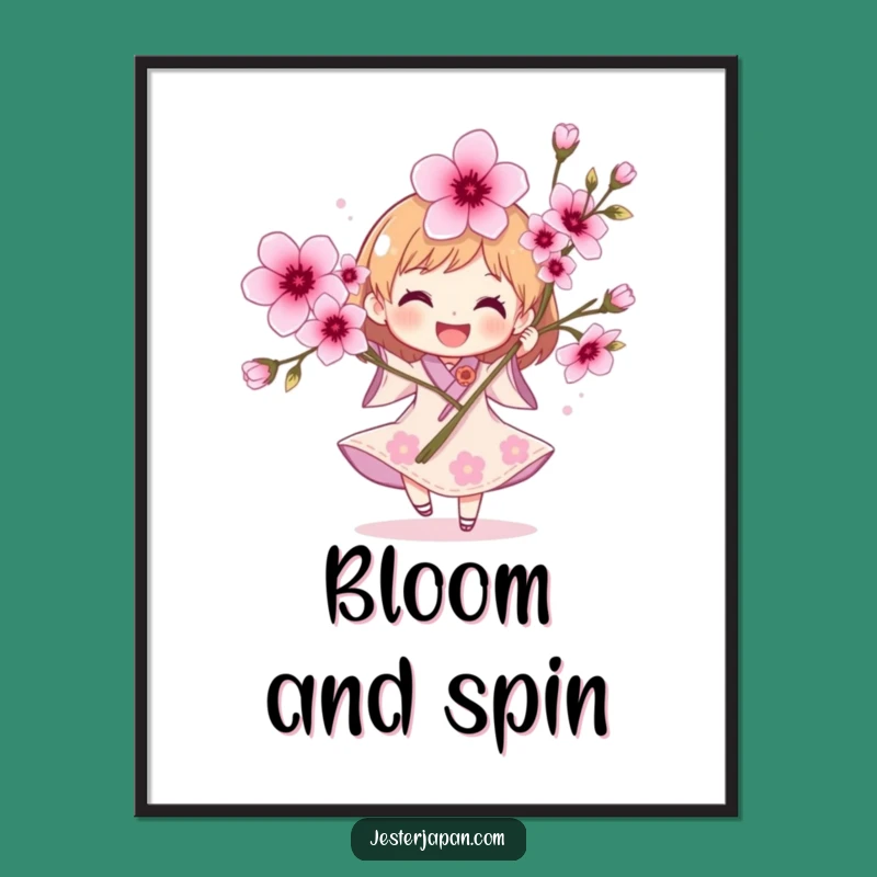 Funny Cherry Blossom Digital Art: Joyful Spinning Character Spring Gift