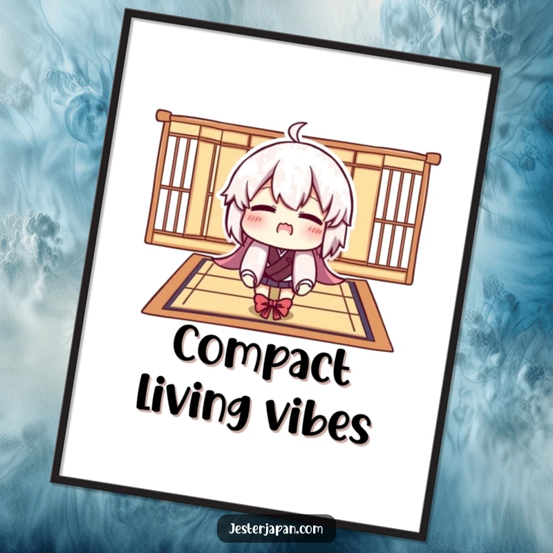 Funny digital art print of a character comically trying to fit onto a tiny Tatami mat, ready for instant download and display.