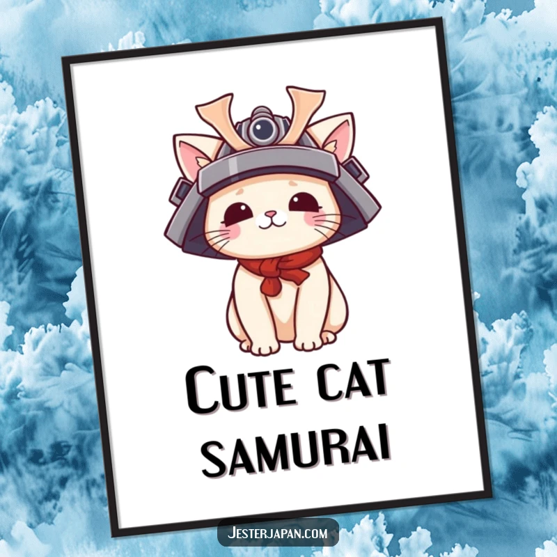 Funny Kawaii cat samurai digital art print with a cute feline character sporting a tiny samurai helmet, ideal for instant, adorable decor.