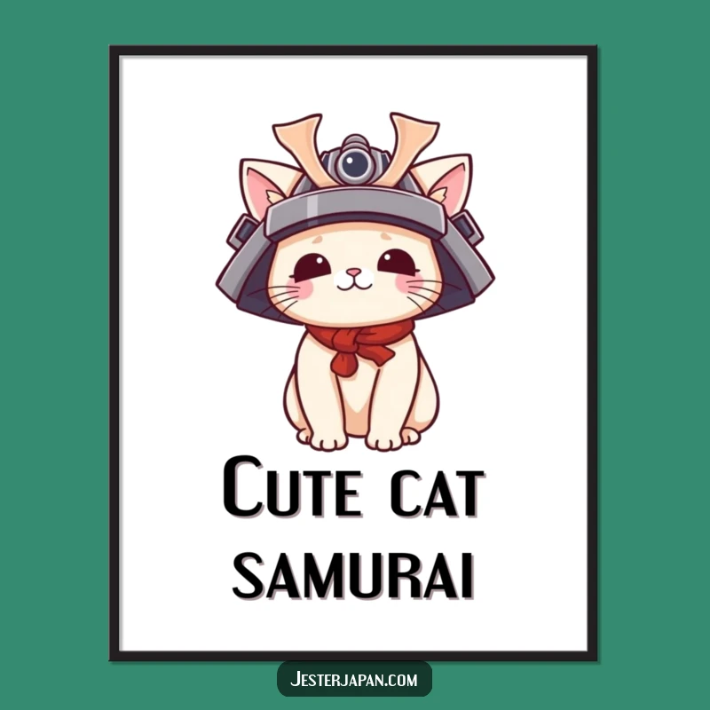 Funny Cat Samurai Digital Art: Kawaii Helmet Decor, Instant Adorable Funny Gift Download