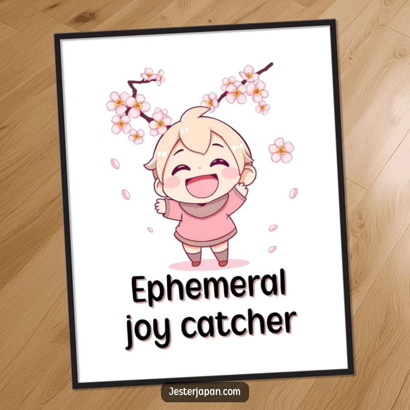 Funny digital artwork of a character with a wide grin joyfully attempting to catch falling cherry blossoms, capturing the essence of spring.