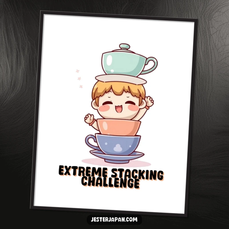 Funny digital artwork of a character comically attempting to balance a growing stack of teacups, capturing a moment of humorous struggle.