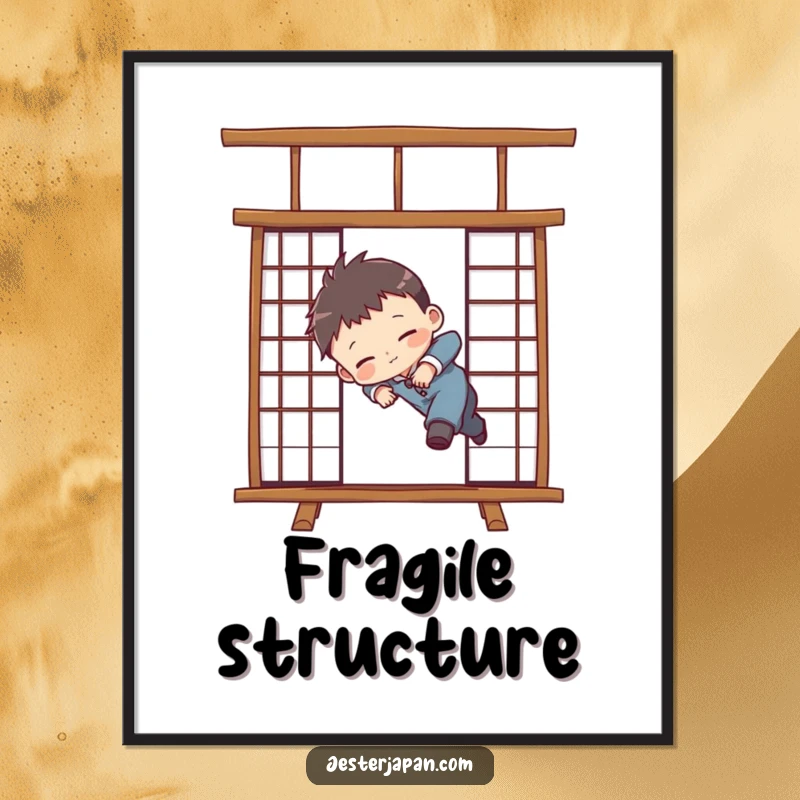 Funny digital art print of a chibi character comically tripping over a Japanese Shoji screen, capturing a moment of cute, hilarious mishap.