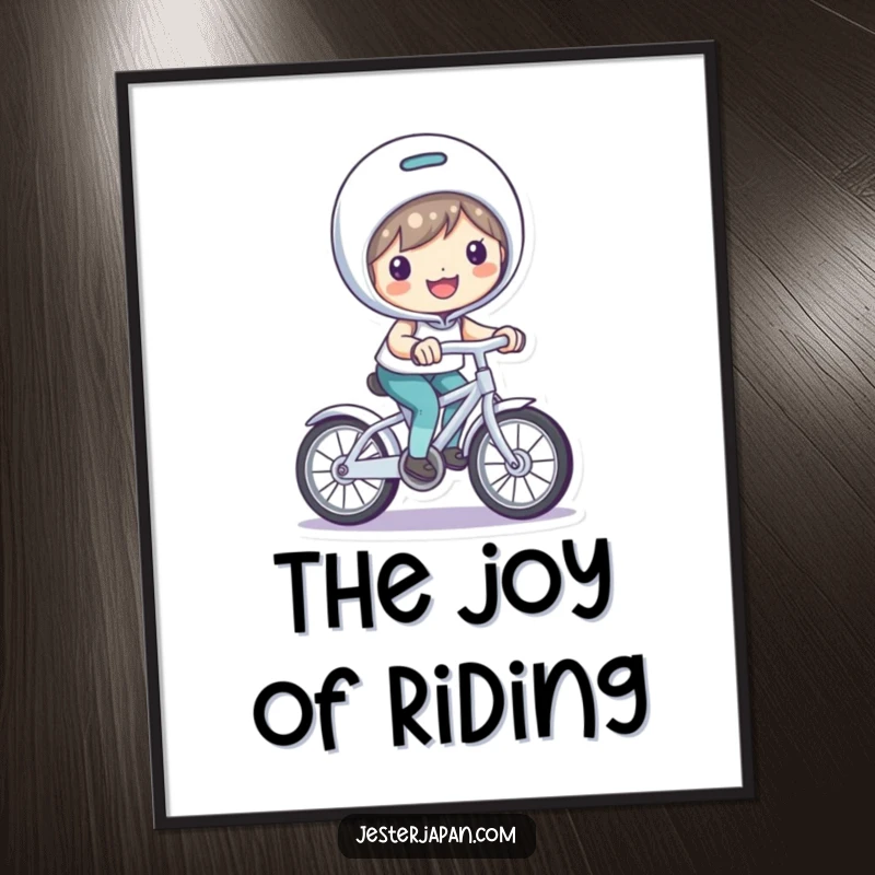 Funny Digital Art Print: Character with a bright smile, riding a small, playful bicycle.