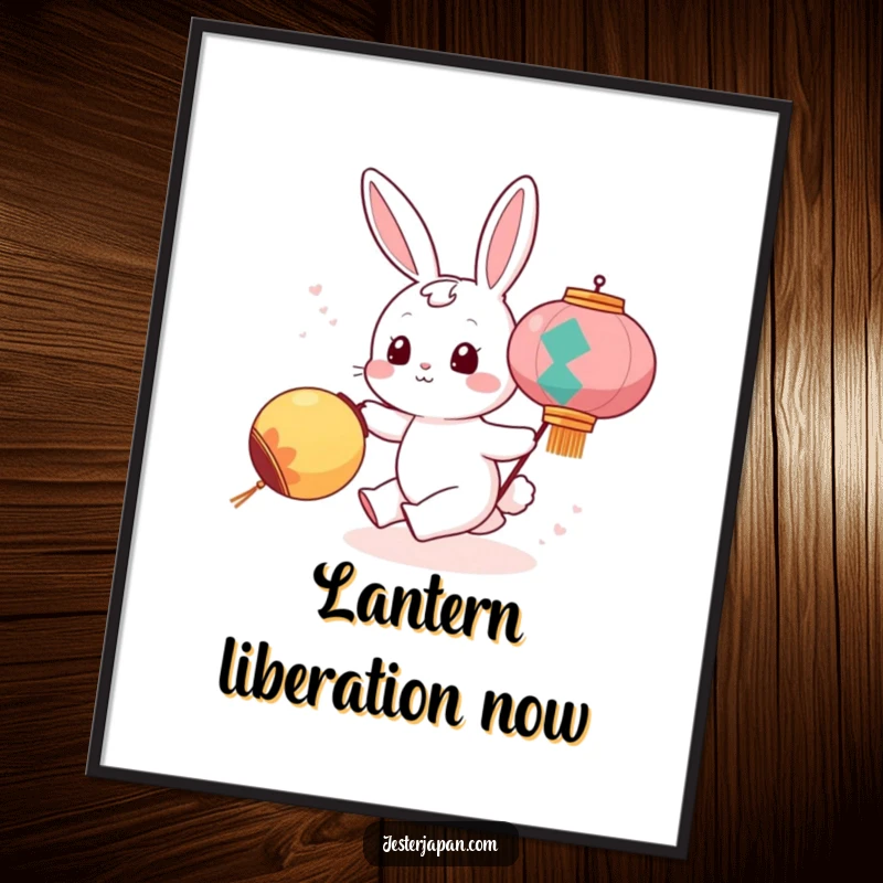 Funny digital art print of a cute bunny character playfully chasing a glowing festival lantern, ideal for whimsical and joyful home decor.