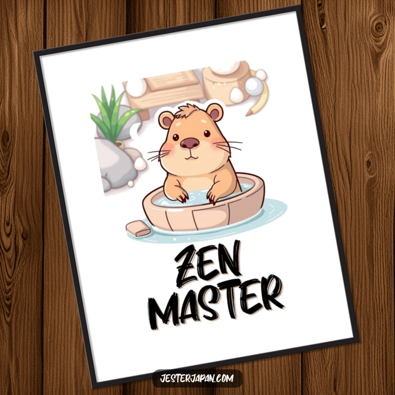 Funny digital art print of a capybara soaking in a hot spring, creating instant wall art with a humorous, serene feel.