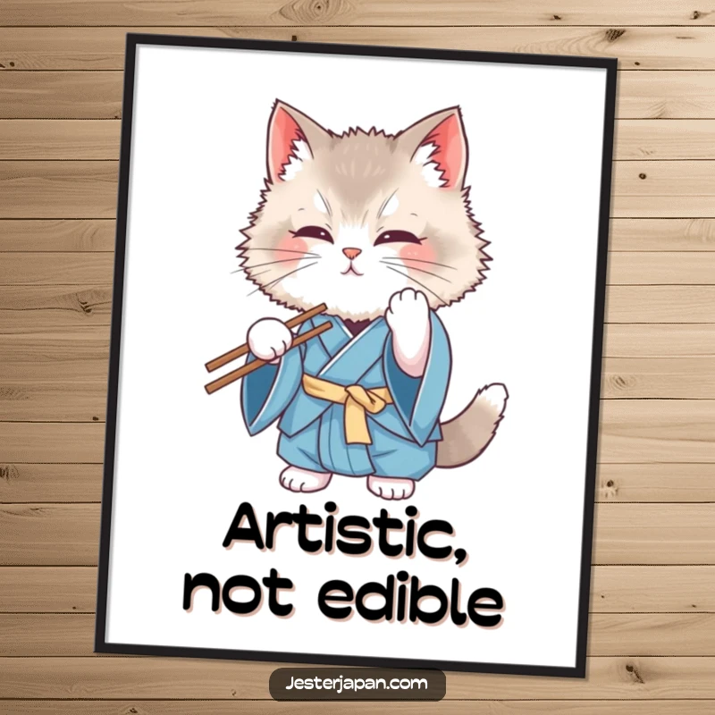 Funny Cat Kimono Digital Art Print: A fluffy cat in a blue kimono comically fumbles with chopsticks, a hilarious and downloadable piece.