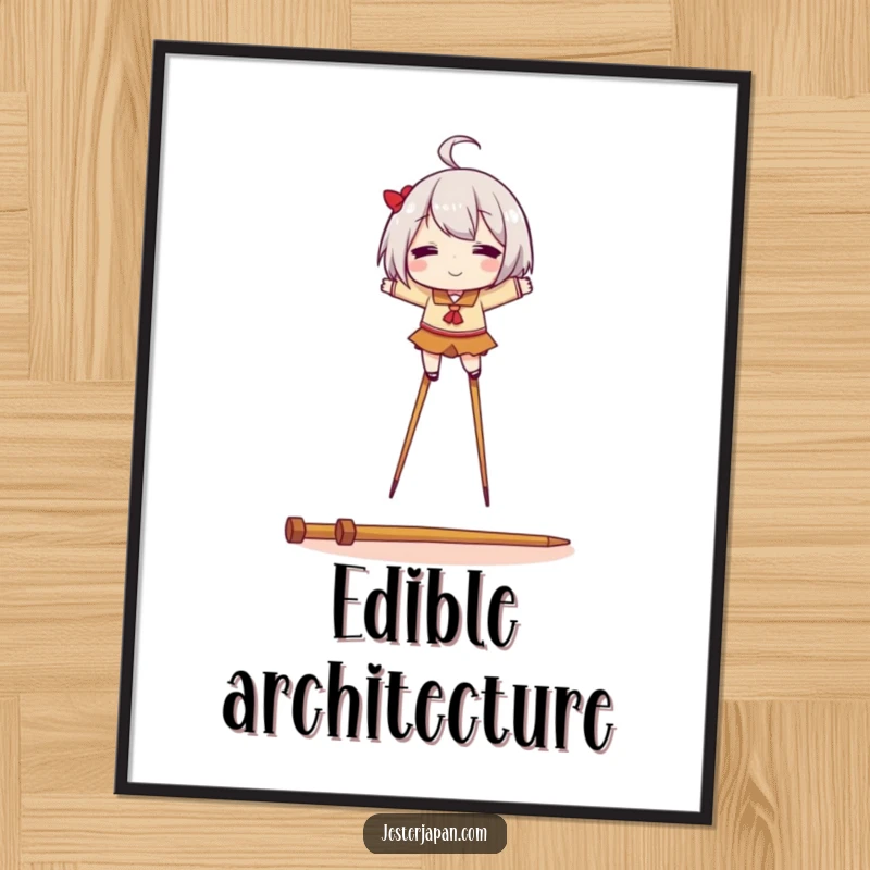 Funny digital art print of a character joyfully balancing on stilts made from chopsticks, perfect for instant wall decor.