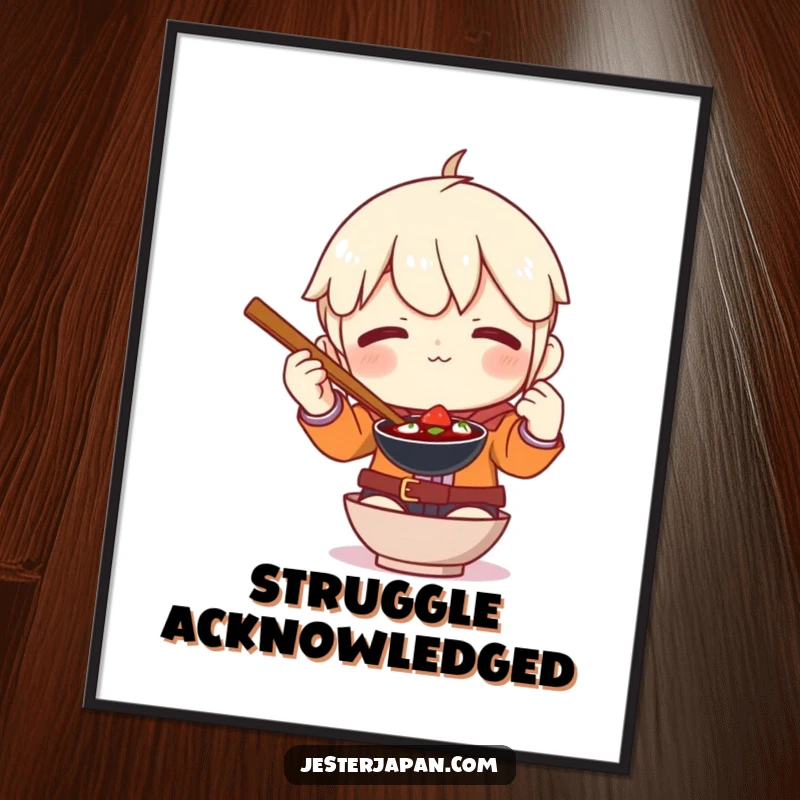 Funny digital art print of a character comically attempting to use extremely large chopsticks, perfect wall art.