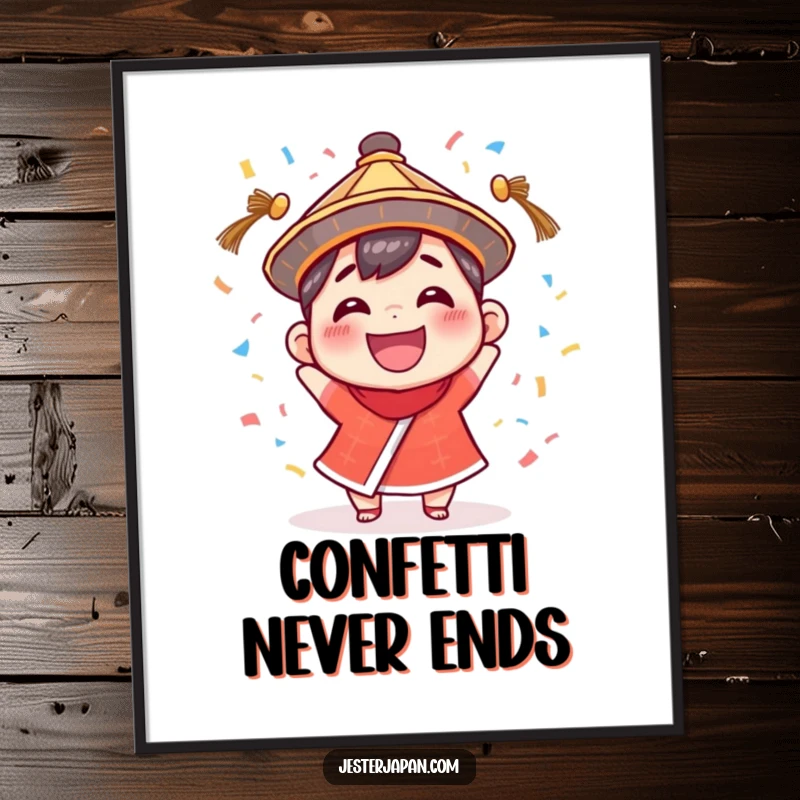 Funny Digital Art Print: Small character in a festive hat joyfully throwing a shower of confetti.