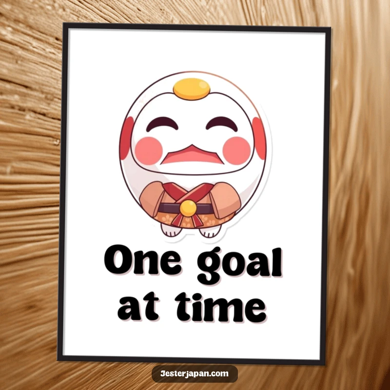 Funny Daruma Kimono Digital Art Print of a resolute Daruma doll wearing a small kimono, symbolizing unwavering spirit.