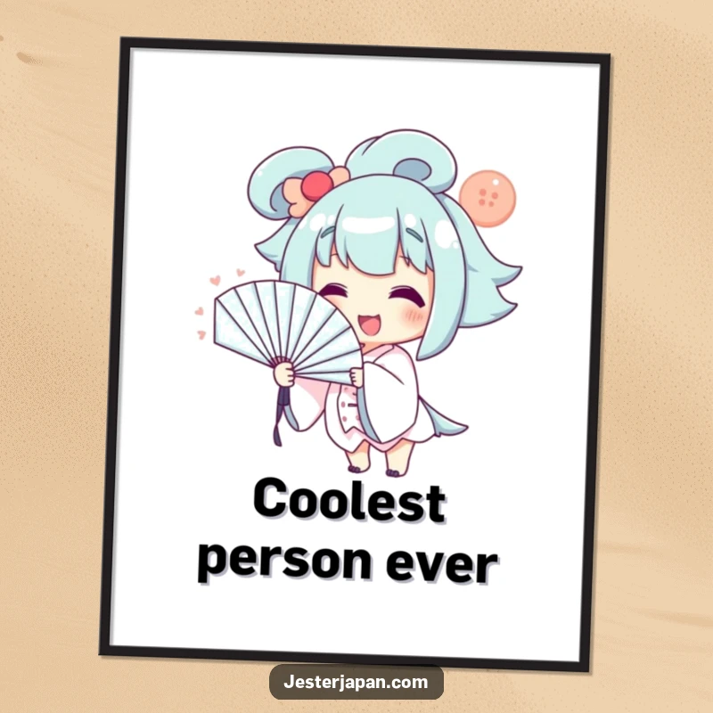 Funny Digital Art Print: Smiling character dramatically fanning themselves with a large fan, creating a humorous and relatable scene.