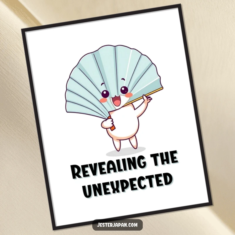 Funny Fan Digital Art Print: A fan character unfurls with a flourish, revealing a surprised face in this humorous artwork.
