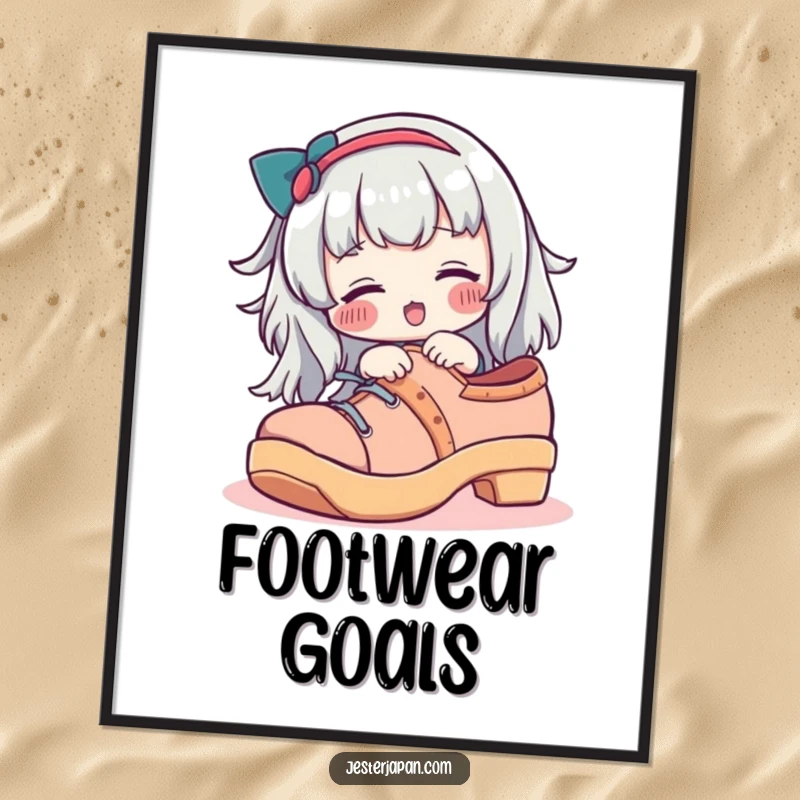Funny digital art print of a character with rosy cheeks trying on an oversized geta shoe, instant download.