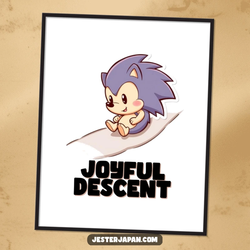 Funny hedgehog with a wide smile rolling downhill, presented as digital art for instant, cheerful home decor.