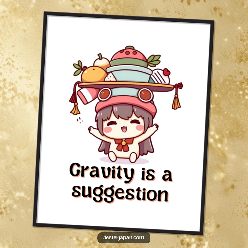 Funny Kawaii digital art print of a cute character humorously balancing items, bringing instant relatability and comedic charm to any space.