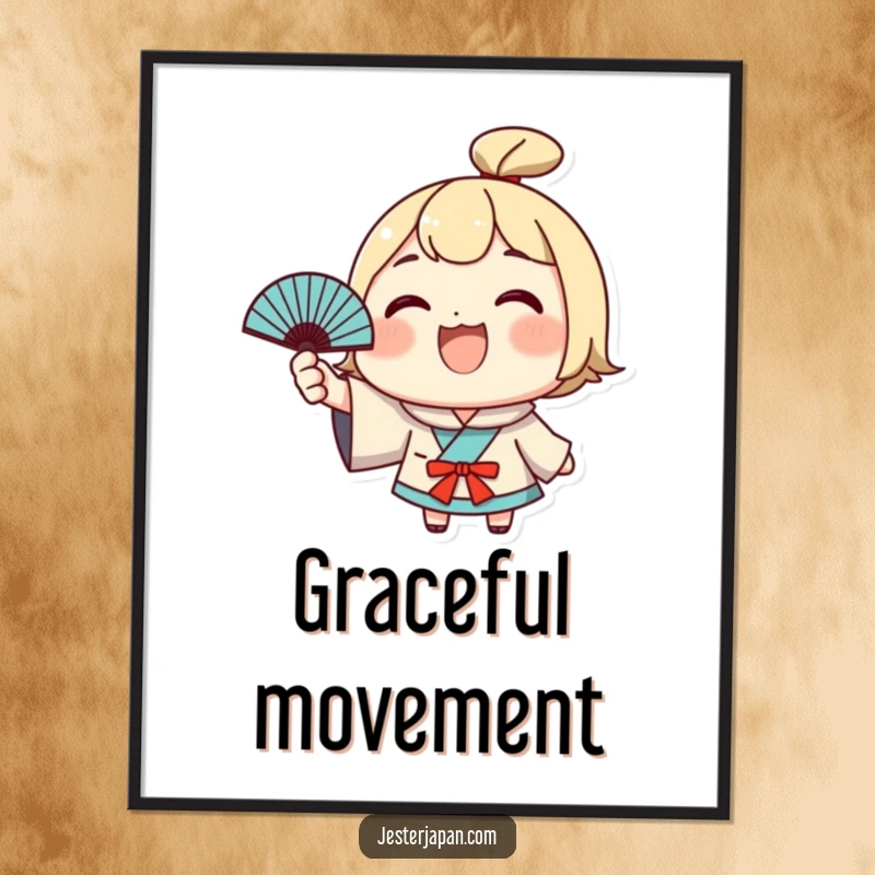 Funny Kawaii Digital Art: Grinning character waving a Japanese fan, creating humorous and cheerful wall art. Great funny gift.