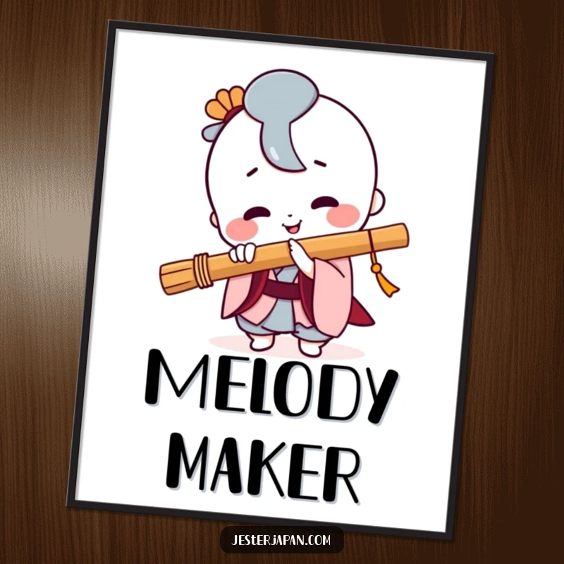 Funny Kawaii digital art print of a happy character playing a Japanese flute with a wide, infectious smile.