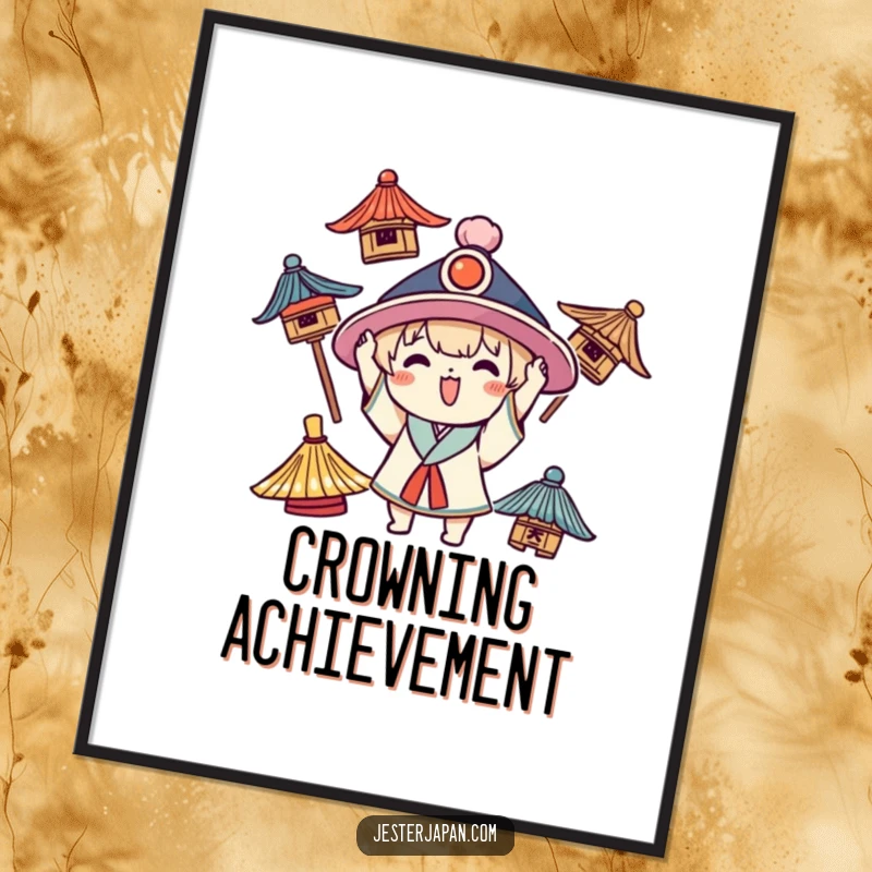 Funny Kawaii digital art print of a character joyfully trying on various traditional hats, full of eclectic charm.